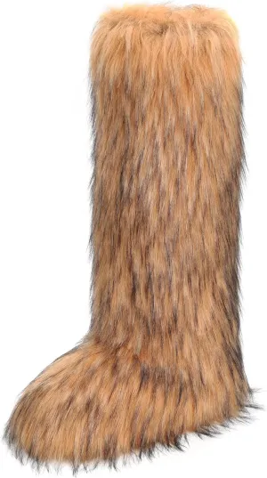 ZVC Women's Faux Fur Boots Comfortable Furry Snow Boots Fluffy Winter Boots Warm Fuzzy Outdoor Knee-High Boots Indoor Flat Shoes