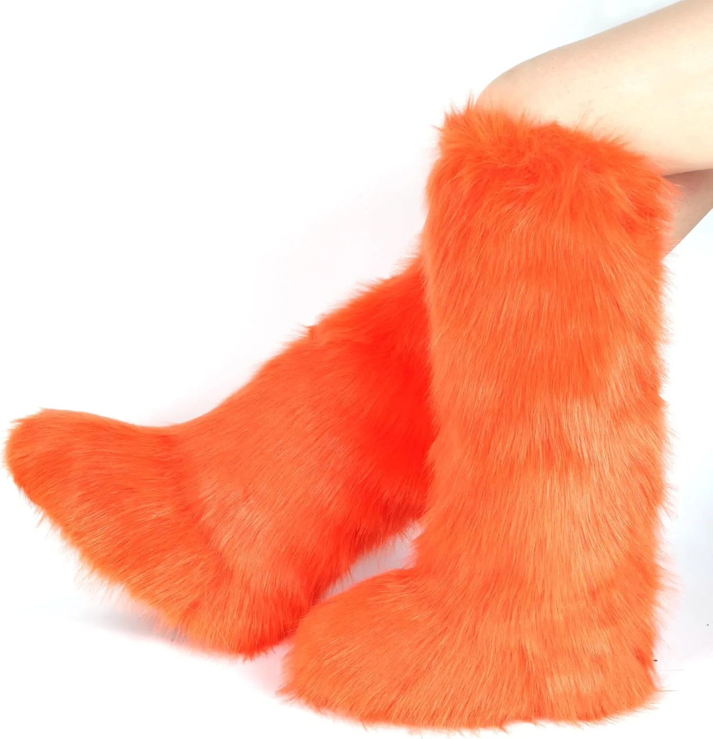 ZVC Women's Faux Fur Boots Comfortable Furry Snow Boots Fluffy Winter Boots Warm Fuzzy Outdoor Knee-High Boots Indoor Flat Shoes