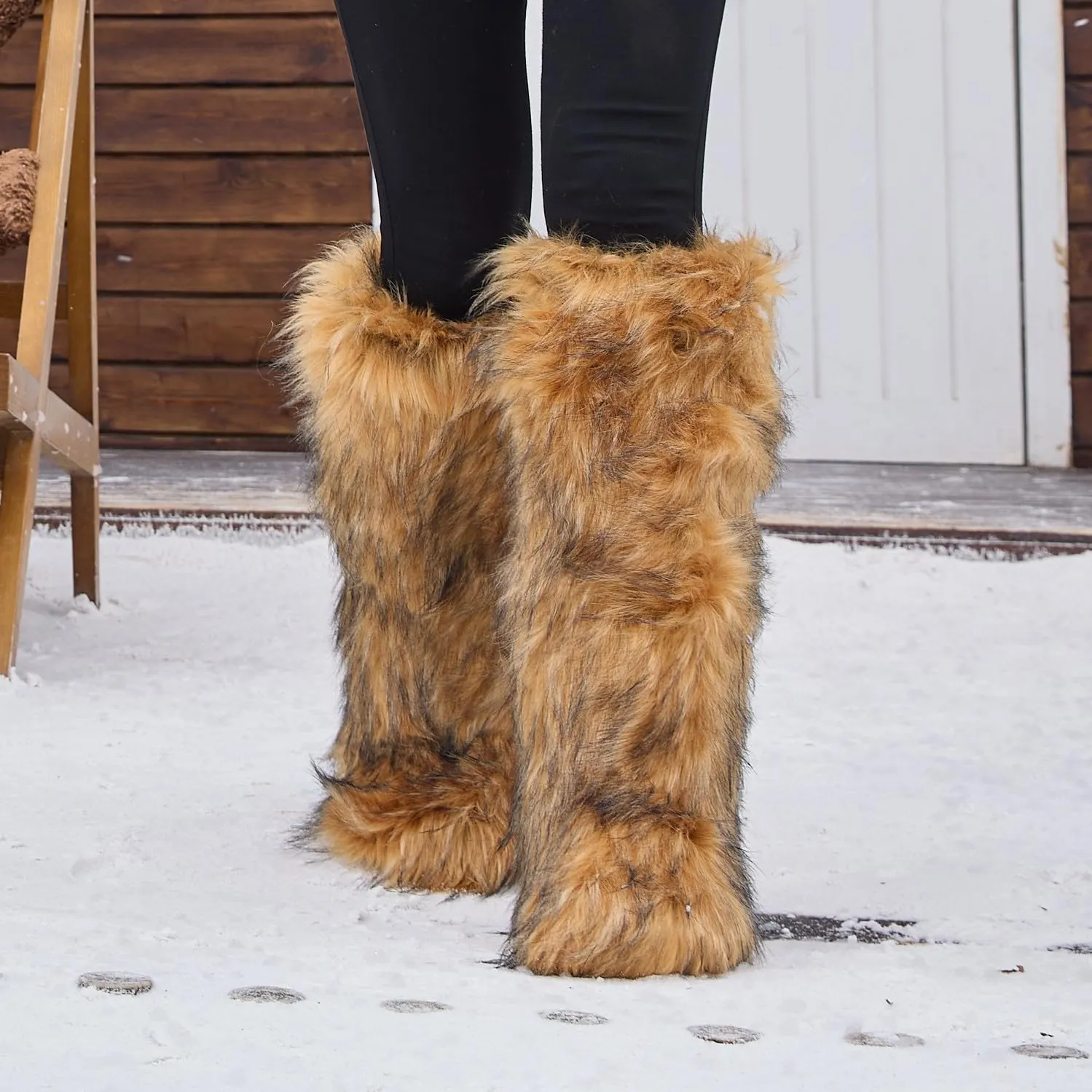 ZVC Women's Faux Fur Boots Comfortable Furry Snow Boots Fluffy Winter Boots Warm Fuzzy Outdoor Knee-High Boots Indoor Flat Shoes